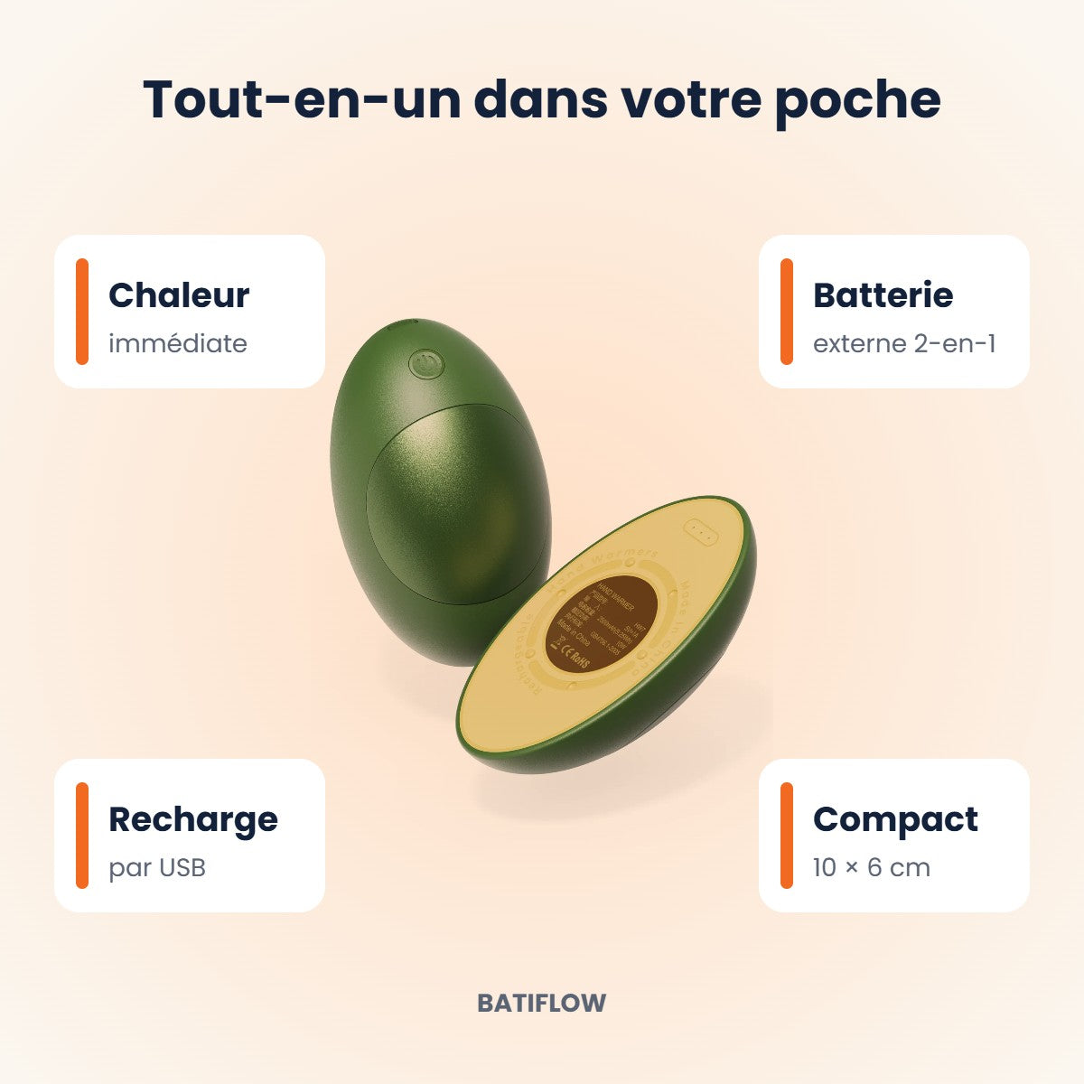 Avantages du chauffe-mains : chaleur immédiate, batterie externe, recharge USB, compact